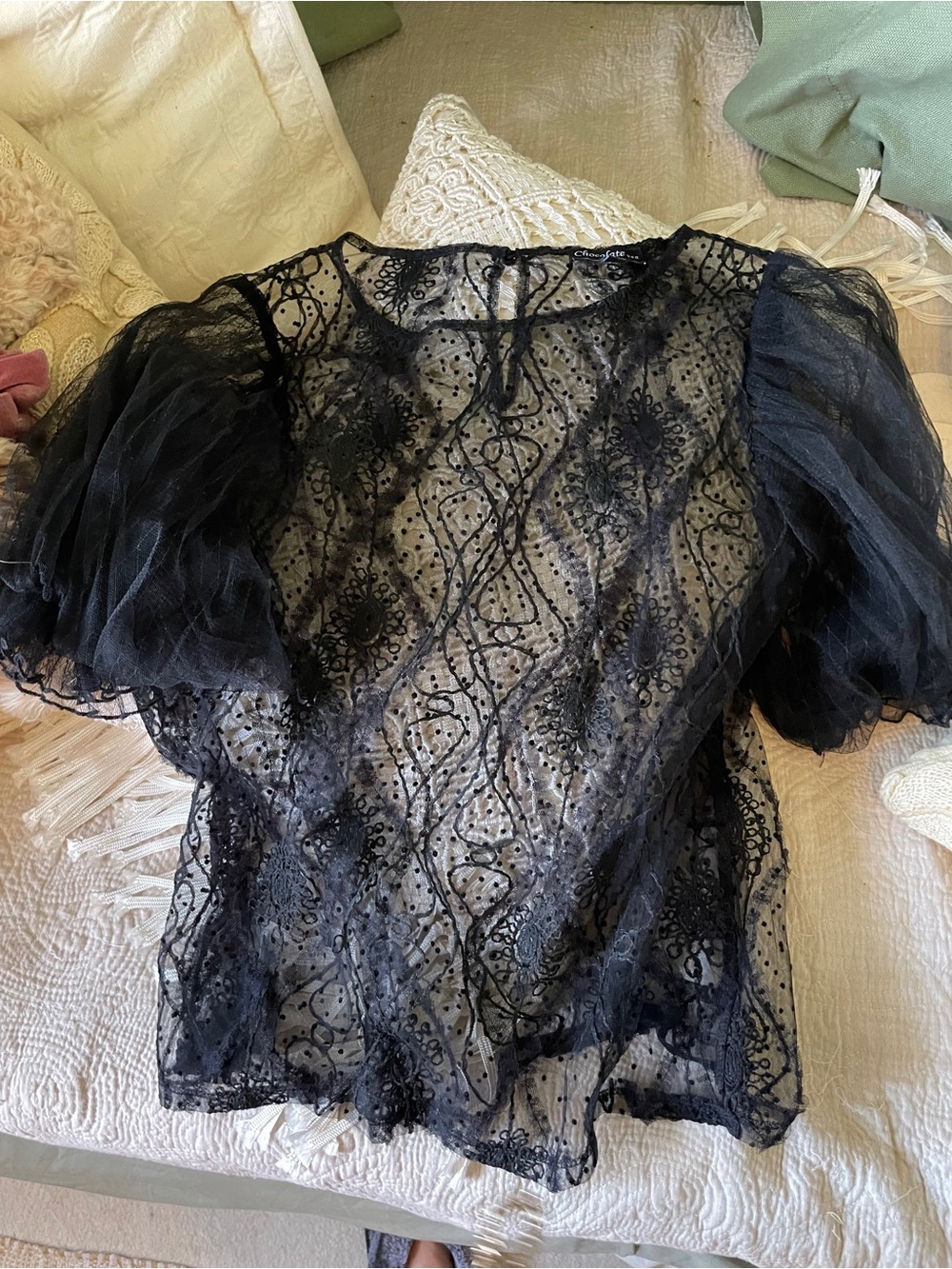 Black Sheer Lace Puff Sleeve Blouse